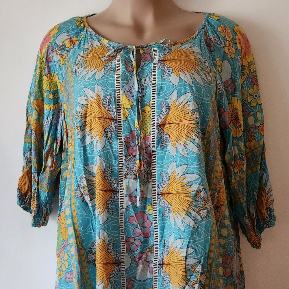 Rusttydustty blouse sz 3X blue yellow floral print boho EUC